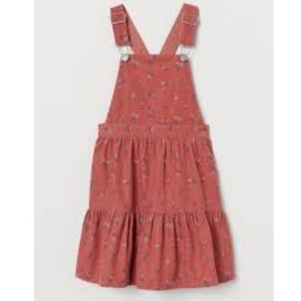 3/35$ H&M Girls Corduroy Overall Dress – Rust Floral, Size 4-5Y (110)